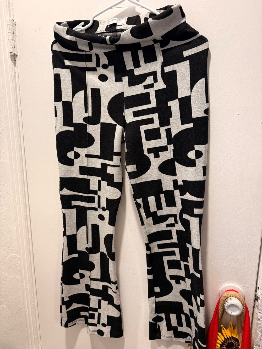 BERSHKA Black and Cream Geometric Print Flare Pants